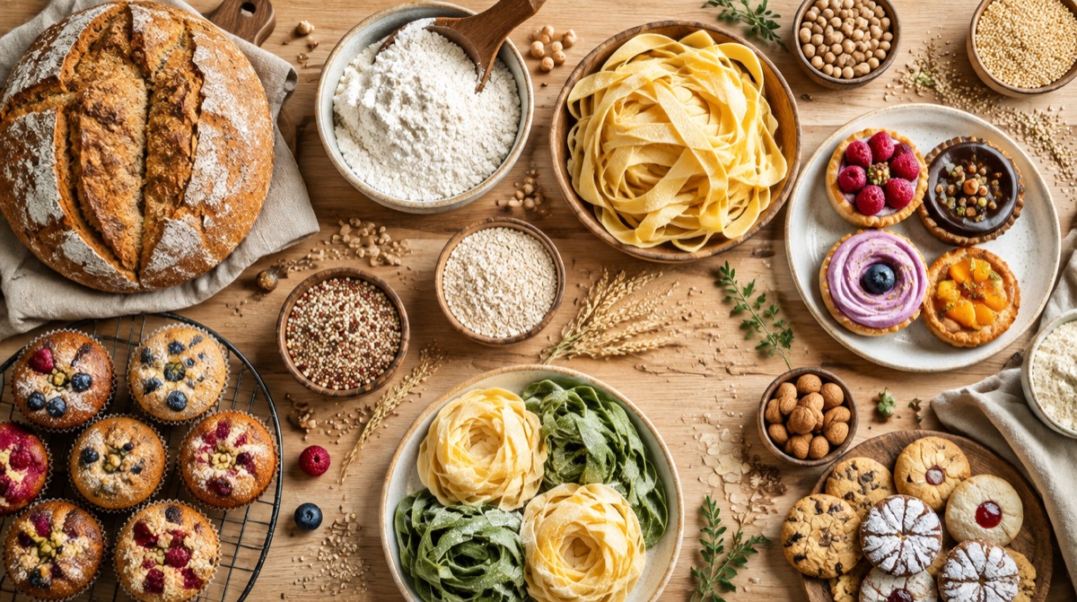 Pane, farine, pasta fresca, crostate e biscotti su un tavolo di legno